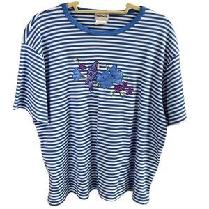 BonWorth Women’s Embroidered Bird Striped Top Blue White Med Petite Cottagecore